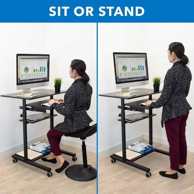Alt view image 5 of 7 - Mobile Standing Desk with Retractable Keyboard Platform | Height Adjustable Stand Up Computer Workstation | Locking Wheels, 99 Lbs Capacity