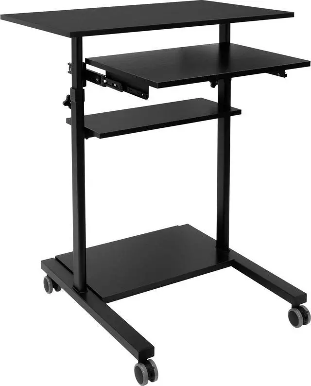 Alt view image 4 of 7 - Mobile Standing Desk with Retractable Keyboard Platform | Height Adjustable Stand Up Computer Workstation | Locking Wheels, 99 Lbs Capacity