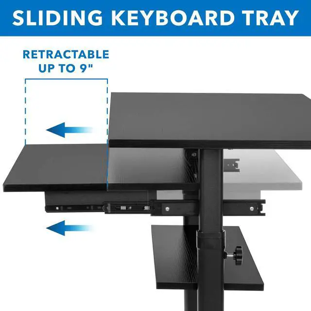Alt view image 6 of 7 - Mobile Standing Desk with Retractable Keyboard Platform | Height Adjustable Stand Up Computer Workstation | Locking Wheels, 99 Lbs Capacity