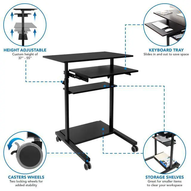 Alt view image 7 of 7 - Mobile Standing Desk with Retractable Keyboard Platform | Height Adjustable Stand Up Computer Workstation | Locking Wheels, 99 Lbs Capacity