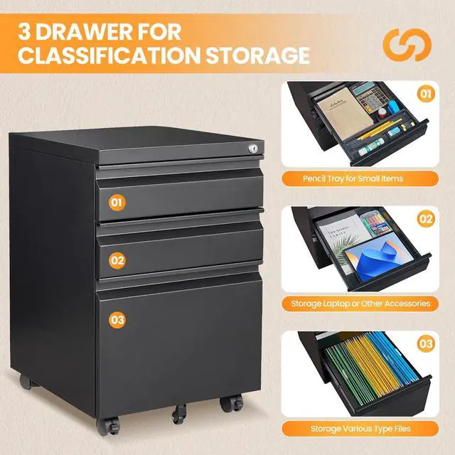 Alt view image 6 of 7 - 3 Drawer File Cabinet, Fully Assembled Mobile File Cabinets with Lock for Home Office, Metal Rolling Filing Caninet on Wheels, Three Drawer Under Desk Cabnet for Letter/Legal / A4 - Black