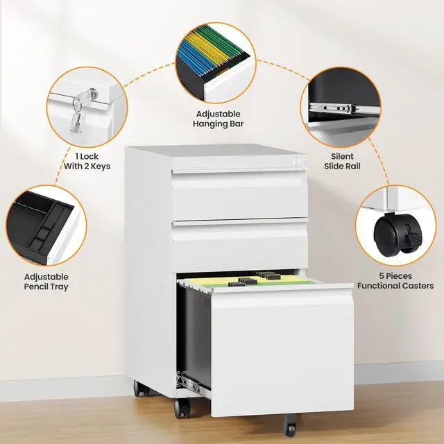 Alt view image 6 of 7 - 3 Drawer Mobile File Cabinet with Lock, Rolling File Cabinets for Home Office, Under Desk Small File Caninet on wheels, Metal Vertical White Filing Cabnet for Legal/Letter/A4 - Assembly Required
