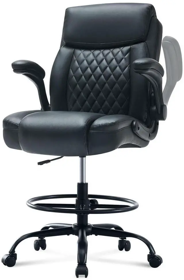 Main image of Drafting Chair Tall Office Chair for Standing Desk, Ergonomic Tall Desk Chair with Adjustable Foot Ring, Flip-Up Armrests, Lumbar Support, Comfortable Leather Seat Ideal for Home and Office Use