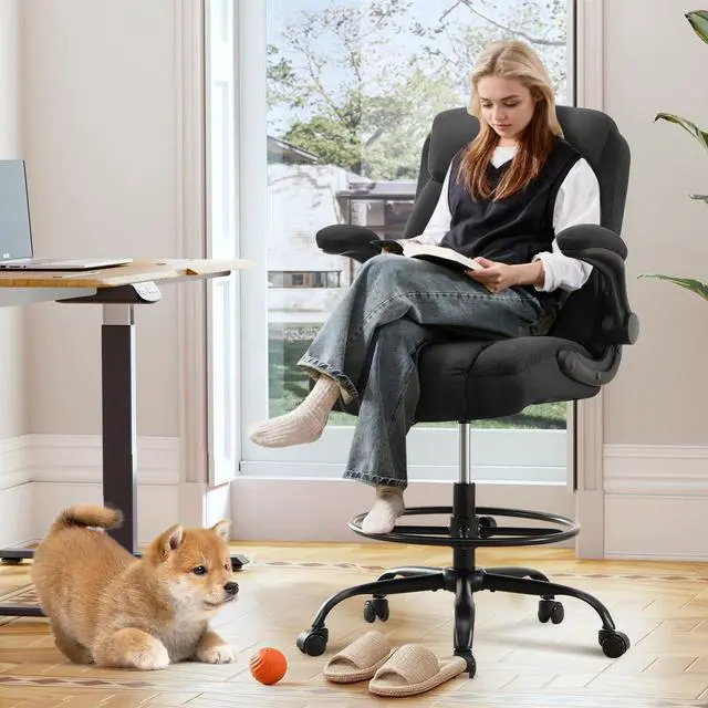 Alt view image 2 of 7 - Drafting Chair Tall Office Chair for Standing Desk, Ergonomic Tall Desk Chair with Adjustable Foot Ring, Flip-Up Armrests, Lumbar Support, Comfortable Fabric Seat Ideal for Home and Office Use