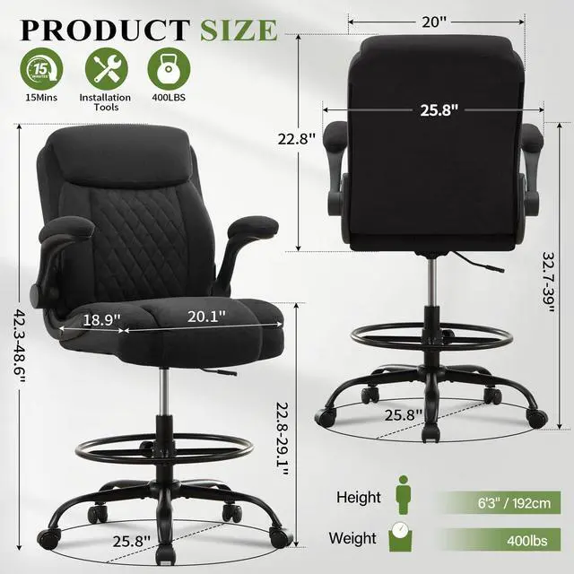 Alt view image 3 of 7 - Drafting Chair Tall Office Chair for Standing Desk, Ergonomic Tall Desk Chair with Adjustable Foot Ring, Flip-Up Armrests, Lumbar Support, Comfortable Fabric Seat Ideal for Home and Office Use