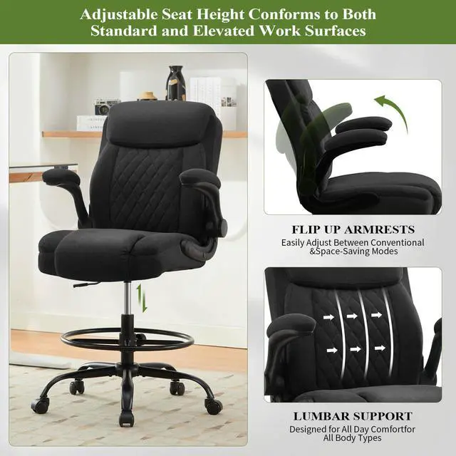 Alt view image 7 of 7 - Drafting Chair Tall Office Chair for Standing Desk, Ergonomic Tall Desk Chair with Adjustable Foot Ring, Flip-Up Armrests, Lumbar Support, Comfortable Fabric Seat Ideal for Home and Office Use