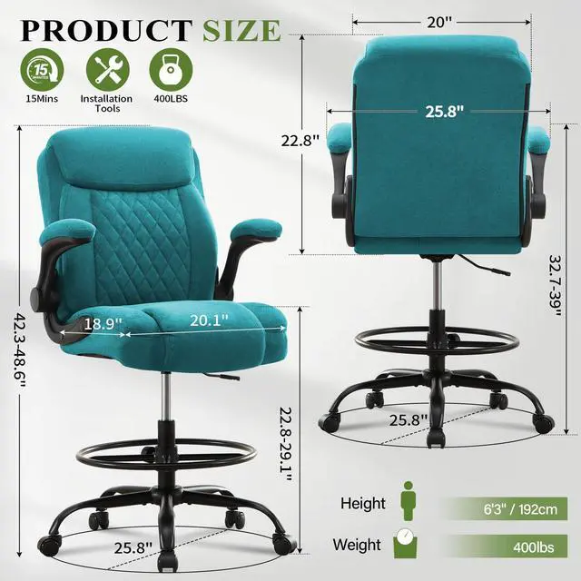 Alt view image 3 of 7 - Drafting Chair Tall Office Chair for Standing Desk, Ergonomic Tall Desk Chair with Adjustable Foot Ring, Flip-Up Armrests, Lumbar Support, Comfortable Fabric Seat Ideal for Home and Office Use