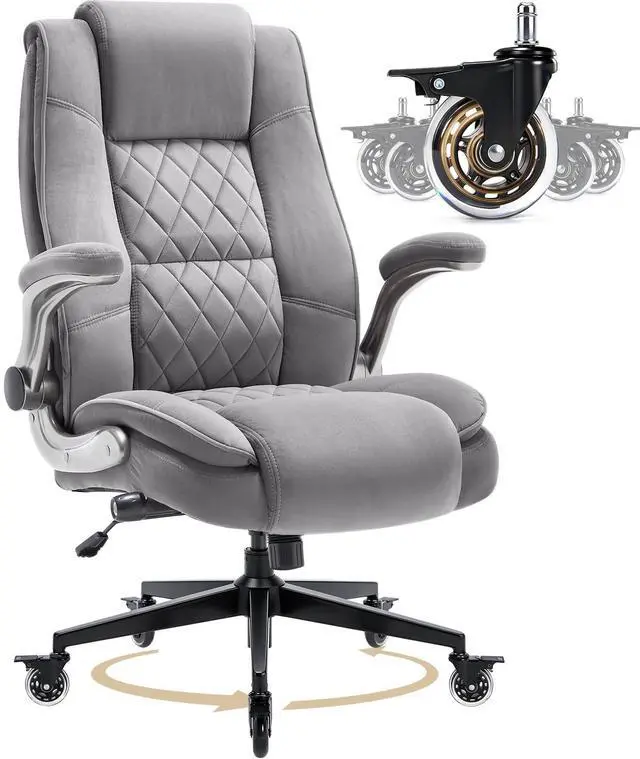 Main image of Fabric High Back Office Chair, Thick Padded Ergonomic Computer Desk Chair | Lockable Quiet Casters, Adjustable Lumbar Support & Flip-Up Arms, 400LBS Capacity, Wide Executive Chair for Back Pain