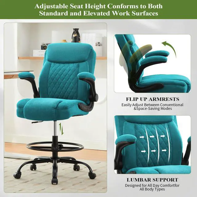 Alt view image 7 of 7 - Drafting Chair Tall Office Chair for Standing Desk, Ergonomic Tall Desk Chair with Adjustable Foot Ring, Flip-Up Armrests, Lumbar Support, Comfortable Fabric Seat Ideal for Home and Office Use