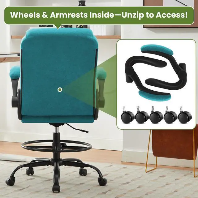 Alt view image 6 of 7 - Drafting Chair Tall Office Chair for Standing Desk, Ergonomic Tall Desk Chair with Adjustable Foot Ring, Flip-Up Armrests, Lumbar Support, Comfortable Fabric Seat Ideal for Home and Office Use