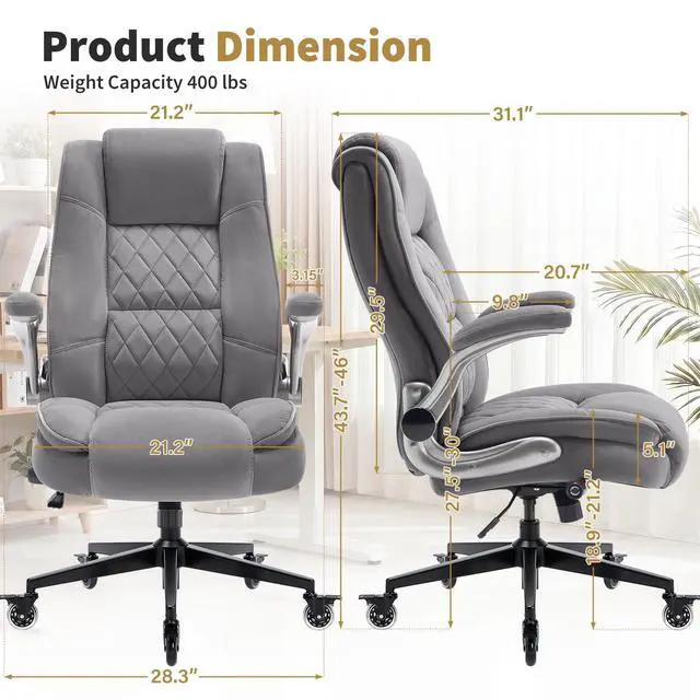 Alt view image 3 of 7 - Fabric High Back Office Chair, Thick Padded Ergonomic Computer Desk Chair | Lockable Quiet Casters, Adjustable Lumbar Support & Flip-Up Arms, 400LBS Capacity, Wide Executive Chair for Back Pain