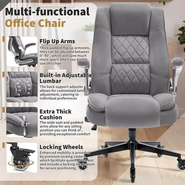 Alt view image 4 of 7 - Fabric High Back Office Chair, Thick Padded Ergonomic Computer Desk Chair | Lockable Quiet Casters, Adjustable Lumbar Support & Flip-Up Arms, 400LBS Capacity, Wide Executive Chair for Back Pain