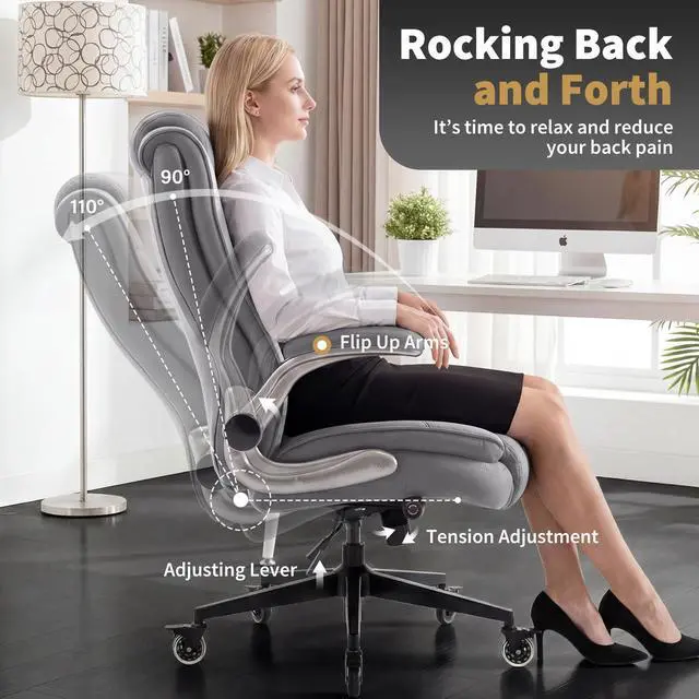 Alt view image 6 of 7 - Fabric High Back Office Chair, Thick Padded Ergonomic Computer Desk Chair | Lockable Quiet Casters, Adjustable Lumbar Support & Flip-Up Arms, 400LBS Capacity, Wide Executive Chair for Back Pain