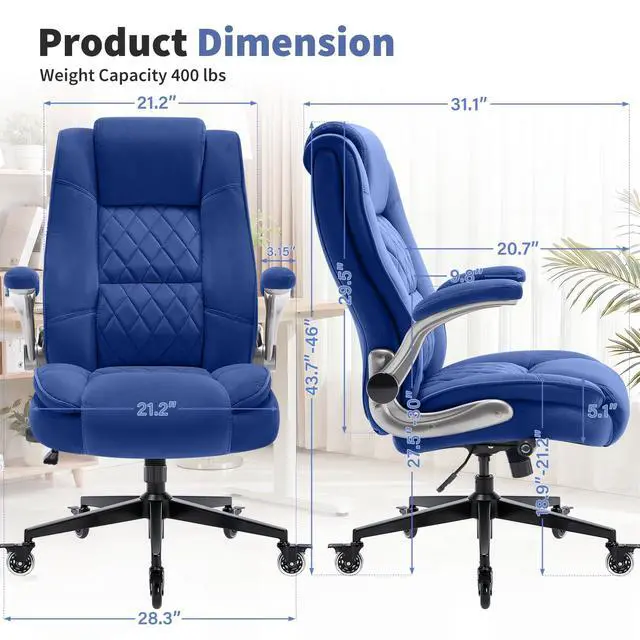 Alt view image 3 of 7 - Fabric High Back Office Chair, Thick Padded Ergonomic Computer Desk Chair | Lockable Quiet Casters, Adjustable Lumbar Support & Flip-Up Arms, 400LBS Capacity, Wide Executive Chair for Back Pain