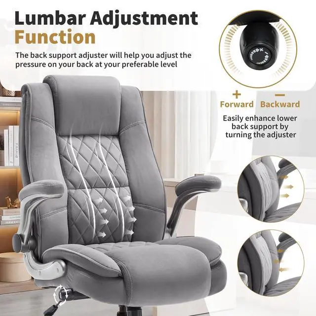 Alt view image 7 of 7 - Fabric High Back Office Chair, Thick Padded Ergonomic Computer Desk Chair | Lockable Quiet Casters, Adjustable Lumbar Support & Flip-Up Arms, 400LBS Capacity, Wide Executive Chair for Back Pain