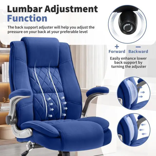 Alt view image 7 of 7 - Fabric High Back Office Chair, Thick Padded Ergonomic Computer Desk Chair | Lockable Quiet Casters, Adjustable Lumbar Support & Flip-Up Arms, 400LBS Capacity, Wide Executive Chair for Back Pain