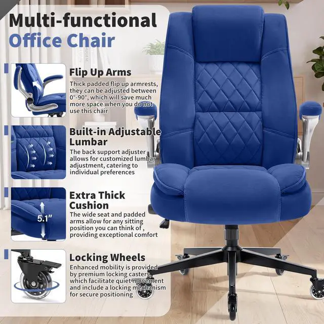 Alt view image 4 of 7 - Fabric High Back Office Chair, Thick Padded Ergonomic Computer Desk Chair | Lockable Quiet Casters, Adjustable Lumbar Support & Flip-Up Arms, 400LBS Capacity, Wide Executive Chair for Back Pain