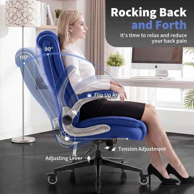 Alt view image 6 of 7 - Fabric High Back Office Chair, Thick Padded Ergonomic Computer Desk Chair | Lockable Quiet Casters, Adjustable Lumbar Support & Flip-Up Arms, 400LBS Capacity, Wide Executive Chair for Back Pain