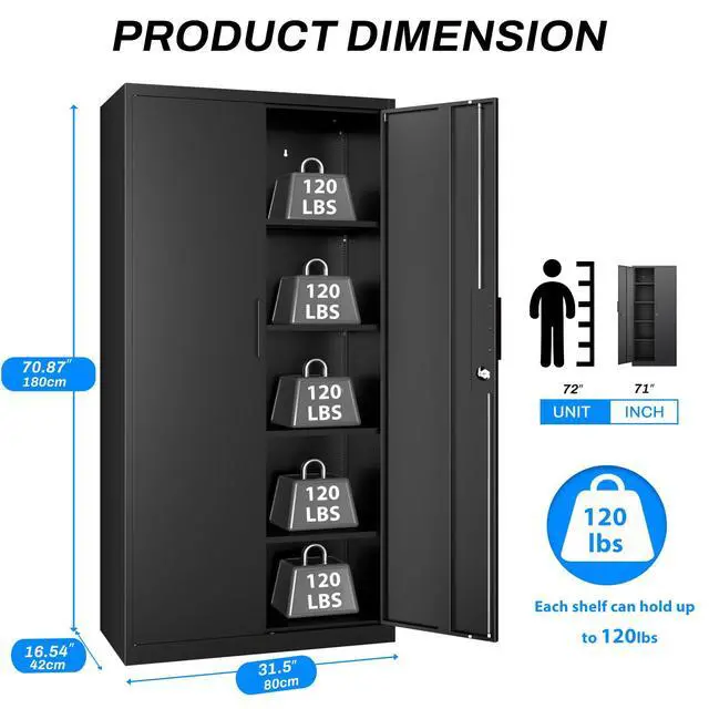 Alt view image 3 of 7 - Metal Garage Storage Cabinet with Lock, 71" Tall Steel Storage Locker with 4 Adjustable Shelves, Heavy Duty Metal Cabinet for Garage, Office, Home, 31.5W × 16.5D, Black