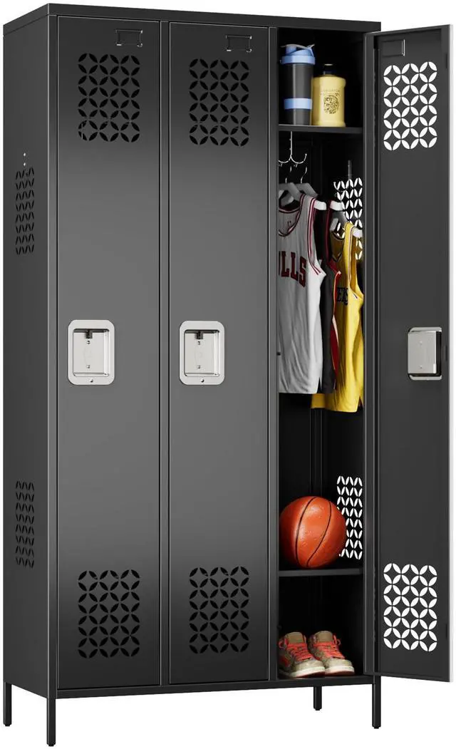Main image of 72-Inch 3-Door Metal Locker for Employees, 9 Hooks, Black | Three ventilated locking compartments with hooks, removable shelves, and name-card slots for gyms, offices, and staff areas