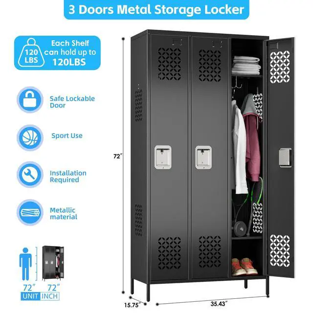 Alt view image 3 of 7 - 72-Inch 3-Door Metal Locker for Employees, 9 Hooks, Black | Three ventilated locking compartments with hooks, removable shelves, and name-card slots for gyms, offices, and staff areas