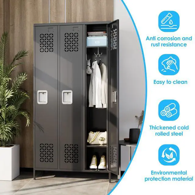 Alt view image 4 of 7 - 72-Inch 3-Door Metal Locker for Employees, 9 Hooks, Black | Three ventilated locking compartments with hooks, removable shelves, and name-card slots for gyms, offices, and staff areas