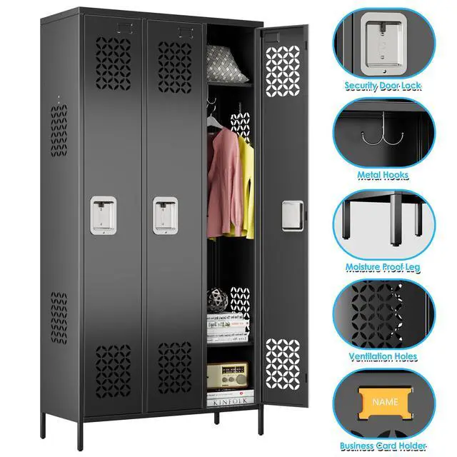 Alt view image 6 of 7 - 72-Inch 3-Door Metal Locker for Employees, 9 Hooks, Black | Three ventilated locking compartments with hooks, removable shelves, and name-card slots for gyms, offices, and staff areas