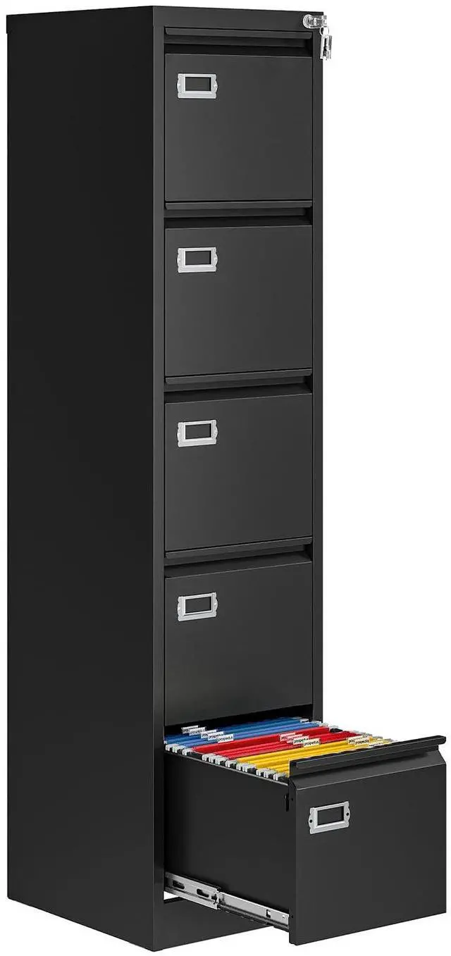 Main image of 5 Drawer File Cabinet with Lock, Metal Filing Cabinets for Home Office, Vertical Black Locking File Caninet, Steel Narrow Five Drawer File Cabnet for Letter/Legal / A4 / B4- Assembly Required