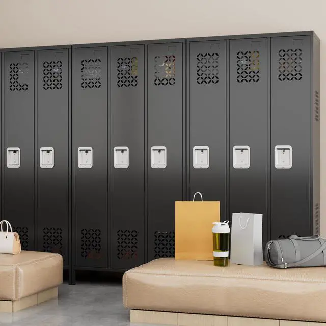 Alt view image 7 of 7 - 72-Inch 3-Door Metal Locker for Employees, 9 Hooks, Black | Three ventilated locking compartments with hooks, removable shelves, and name-card slots for gyms, offices, and staff areas