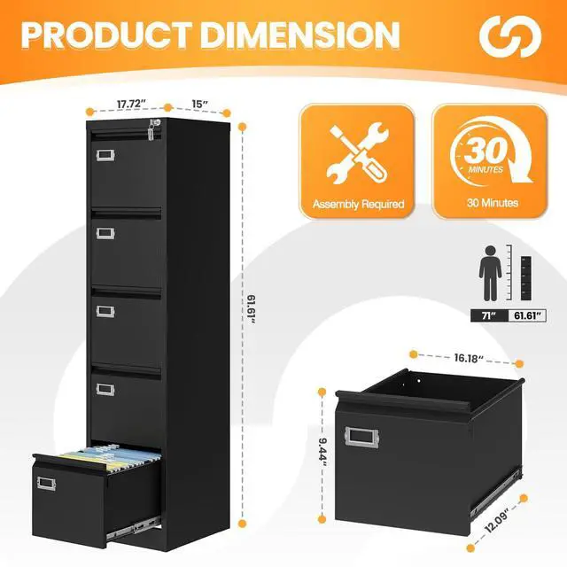 Alt view image 3 of 7 - 5 Drawer File Cabinet with Lock, Metal Filing Cabinets for Home Office, Vertical Black Locking File Caninet, Steel Narrow Five Drawer File Cabnet for Letter/Legal / A4 / B4- Assembly Required