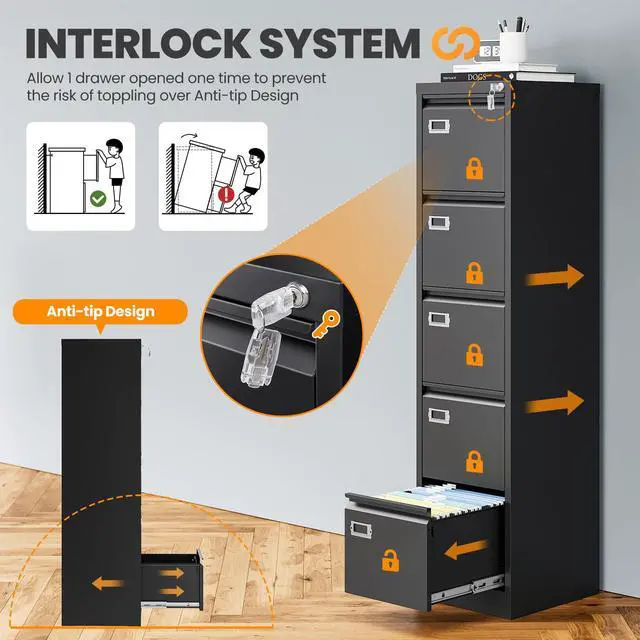 Alt view image 4 of 7 - 5 Drawer File Cabinet with Lock, Metal Filing Cabinets for Home Office, Vertical Black Locking File Caninet, Steel Narrow Five Drawer File Cabnet for Letter/Legal / A4 / B4- Assembly Required