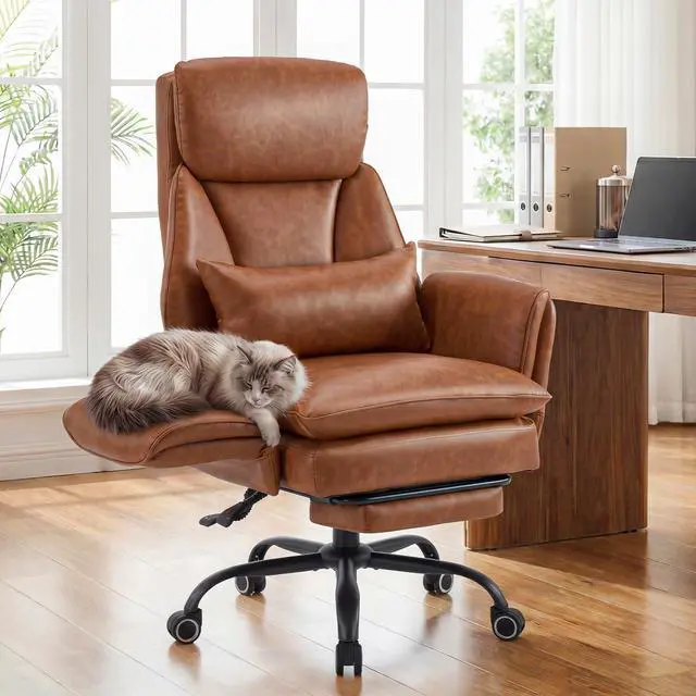 Main image of Big and Tall Office Chair, Ergonomic Computer Desk Chair with Footrest, Wide Seat Reclining Gaming Chair, Flip Armrests for Cross Legged Sitting, Heavy Duty Support up to 400LBS, PU, Brown