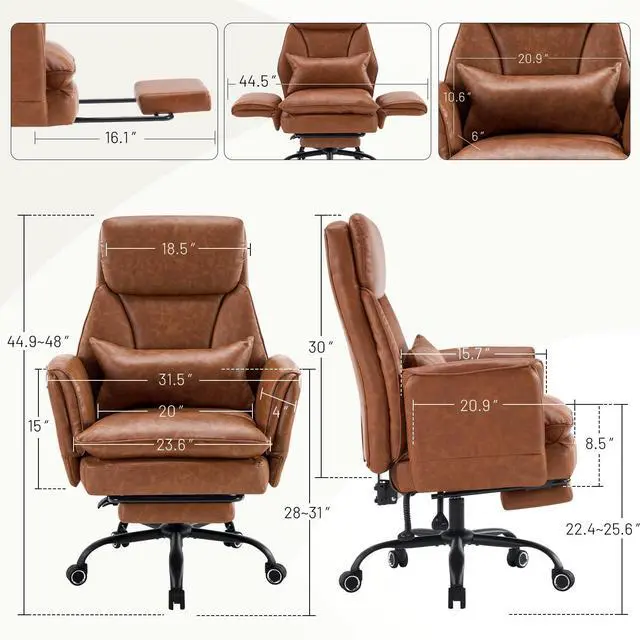 Alt view image 2 of 7 - Big and Tall Office Chair, Ergonomic Computer Desk Chair with Footrest, Wide Seat Reclining Gaming Chair, Flip Armrests for Cross Legged Sitting, Heavy Duty Support up to 400LBS, PU, Brown