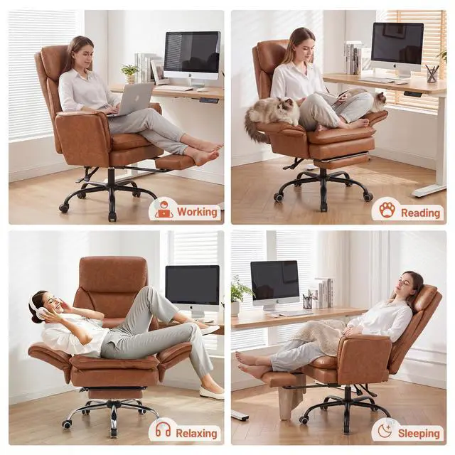 Alt view image 3 of 7 - Big and Tall Office Chair, Ergonomic Computer Desk Chair with Footrest, Wide Seat Reclining Gaming Chair, Flip Armrests for Cross Legged Sitting, Heavy Duty Support up to 400LBS, PU, Brown
