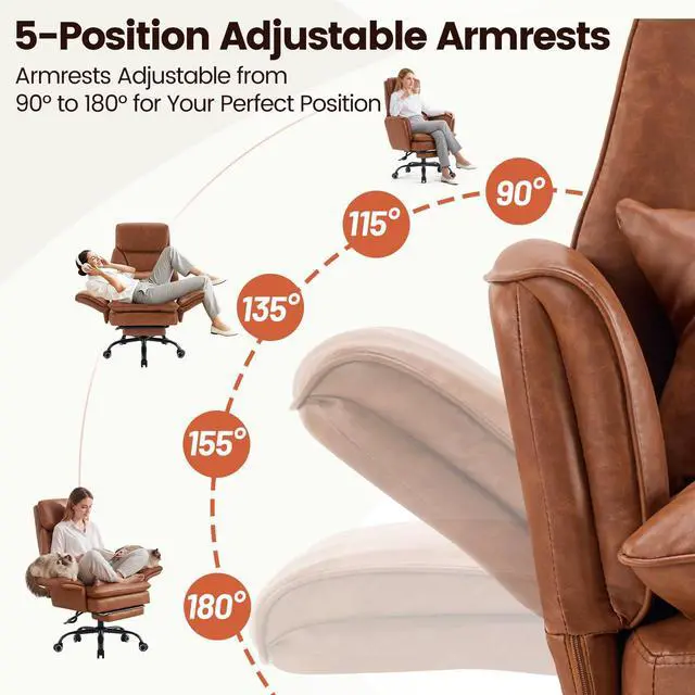 Alt view image 4 of 7 - Big and Tall Office Chair, Ergonomic Computer Desk Chair with Footrest, Wide Seat Reclining Gaming Chair, Flip Armrests for Cross Legged Sitting, Heavy Duty Support up to 400LBS, PU, Brown