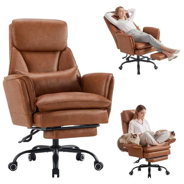 Alt view image 6 of 7 - Big and Tall Office Chair, Ergonomic Computer Desk Chair with Footrest, Wide Seat Reclining Gaming Chair, Flip Armrests for Cross Legged Sitting, Heavy Duty Support up to 400LBS, PU, Brown