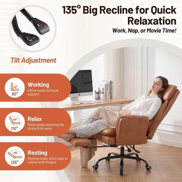 Alt view image 7 of 7 - Big and Tall Office Chair, Ergonomic Computer Desk Chair with Footrest, Wide Seat Reclining Gaming Chair, Flip Armrests for Cross Legged Sitting, Heavy Duty Support up to 400LBS, PU, Brown