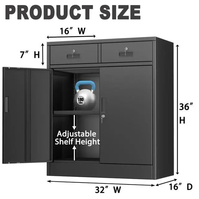 Alt view image 3 of 7 - Metal Storage Cabinet, Locking Cabinet with Adjustable Shelf and 2 Drawers, Metal Cabinets for Office, Home, Garage 36" H x 32" W x 16" D (Black)