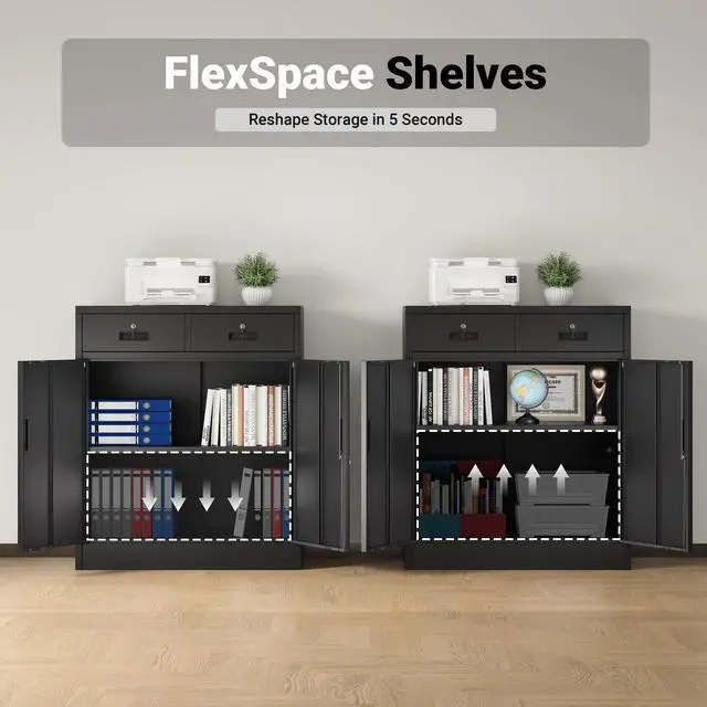 Alt view image 5 of 7 - Metal Storage Cabinet, Locking Cabinet with Adjustable Shelf and 2 Drawers, Metal Cabinets for Office, Home, Garage 36" H x 32" W x 16" D (Black)
