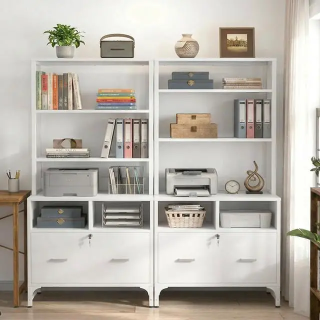 Main image of Vertical File Cabinet with Shelves and Charging Station, 2 Pack | Filing Cabinet Bookshelf with Lock & Large Drawer, Printer Stand with Office Storage Cabinet, White