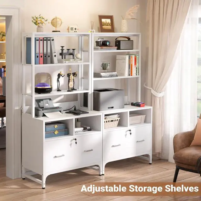 Alt view image 2 of 7 - Vertical File Cabinet with Shelves and Charging Station, 2 Pack | Filing Cabinet Bookshelf with Lock & Large Drawer, Printer Stand with Office Storage Cabinet, White