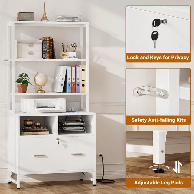 Alt view image 5 of 7 - Vertical File Cabinet with Shelves and Charging Station, 2 Pack | Filing Cabinet Bookshelf with Lock & Large Drawer, Printer Stand with Office Storage Cabinet, White