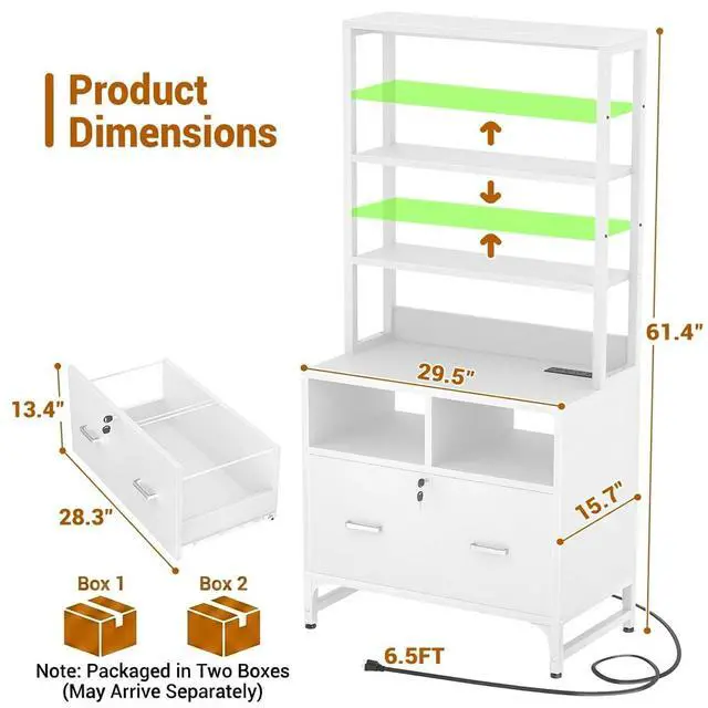Alt view image 7 of 7 - Vertical File Cabinet with Shelves and Charging Station, 2 Pack | Filing Cabinet Bookshelf with Lock & Large Drawer, Printer Stand with Office Storage Cabinet, White