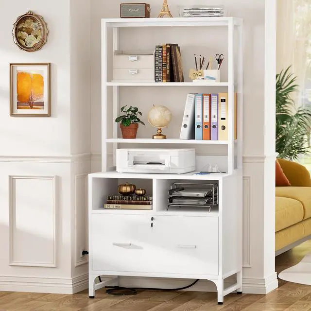 Alt view image 6 of 7 - Vertical File Cabinet with Shelves and Charging Station, 2 Pack | Filing Cabinet Bookshelf with Lock & Large Drawer, Printer Stand with Office Storage Cabinet, White