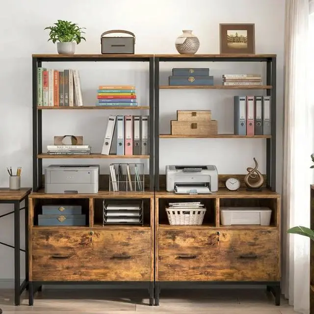 Main image of Vertical File Cabinet with Shelves and Charging Station, 2 Pack | Filing Cabinet Bookshelf with Lock & Large Drawer, Printer Stand with Office Storage Cabinet, Rustic Brown