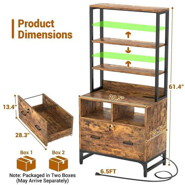 Alt view image 2 of 7 - Vertical File Cabinet with Shelves and Charging Station, 2 Pack | Filing Cabinet Bookshelf with Lock & Large Drawer, Printer Stand with Office Storage Cabinet, Rustic Brown