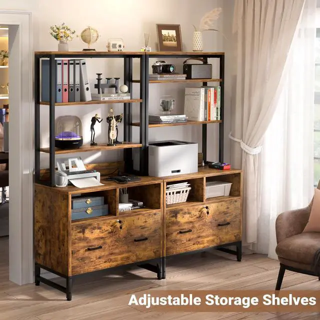 Alt view image 3 of 7 - Vertical File Cabinet with Shelves and Charging Station, 2 Pack | Filing Cabinet Bookshelf with Lock & Large Drawer, Printer Stand with Office Storage Cabinet, Rustic Brown