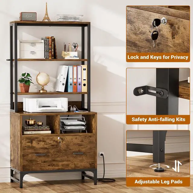 Alt view image 6 of 7 - Vertical File Cabinet with Shelves and Charging Station, 2 Pack | Filing Cabinet Bookshelf with Lock & Large Drawer, Printer Stand with Office Storage Cabinet, Rustic Brown