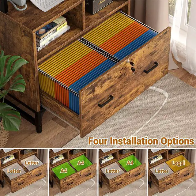 Alt view image 5 of 7 - Vertical File Cabinet with Shelves and Charging Station, 2 Pack | Filing Cabinet Bookshelf with Lock & Large Drawer, Printer Stand with Office Storage Cabinet, Rustic Brown