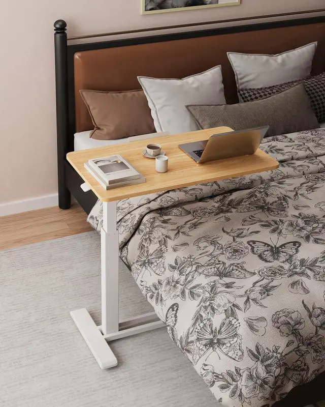 Alt view image 2 of 7 - H7 PRO 90° Tiltable Mobile Overbed Table with Pneumatic Lift,28'' | Full foldable bedside table with adjustable desktop for laptop, Rolling Computer Cart and bed sofa.27.6" W x 15.7" D,Maple